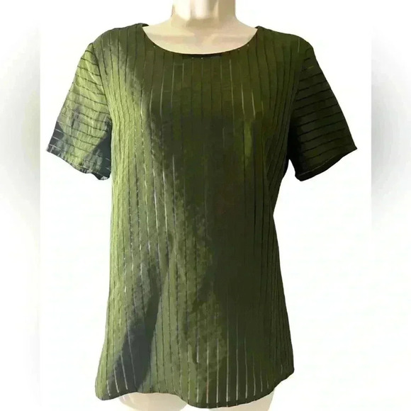 J. Crew Short Sleeved Top Shadow Stripe Green Semi Sheer Exposed Back Zi… - Picture 2 of 5